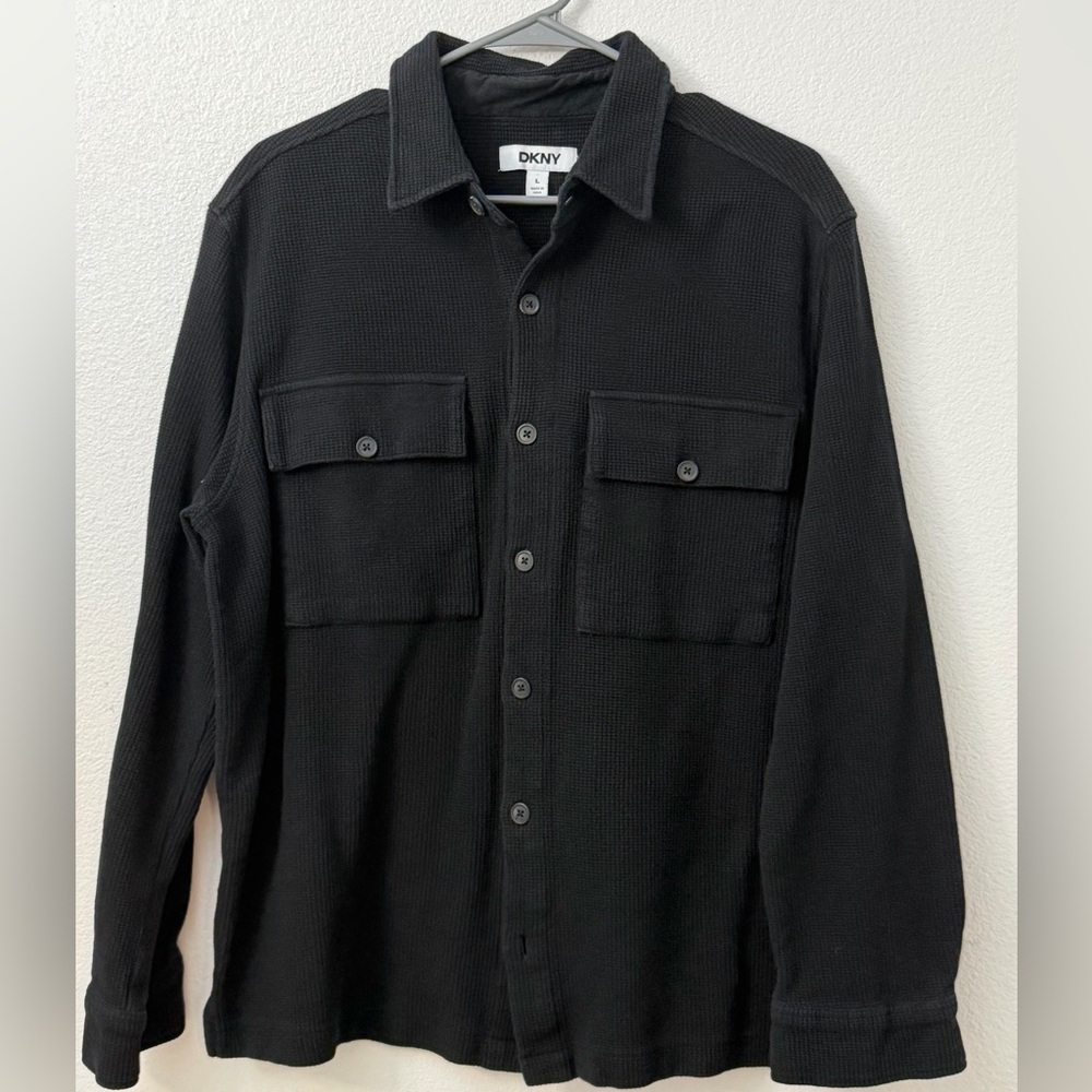DKNY Black Waffle Cotton Button-Up Shirt Mens Large Long Sleeve Casual Large